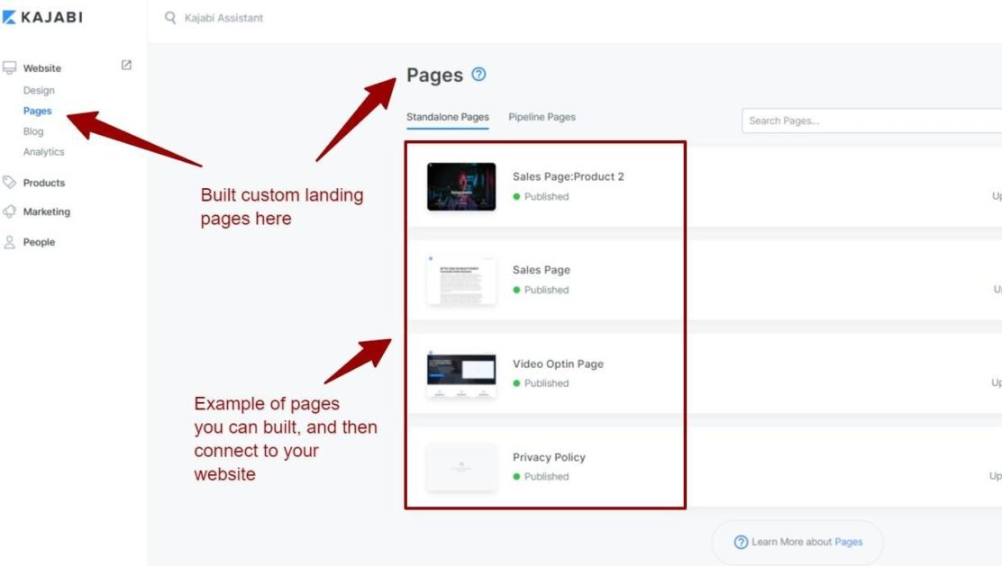 ¿Necesita una página totalmente nueva desde cero? Kajabi te permite hacer eso, y ahí es donde entran las páginas de destino o las páginas independientes.