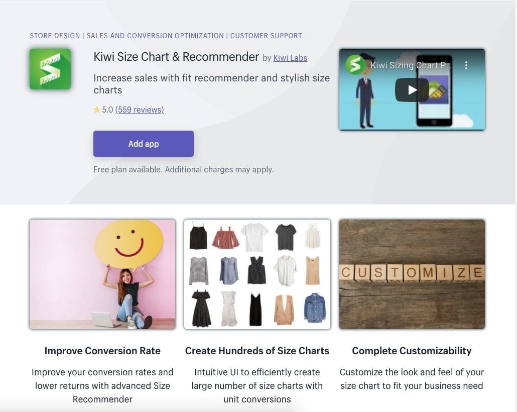 Tableau de taille Kiwi & Recommender