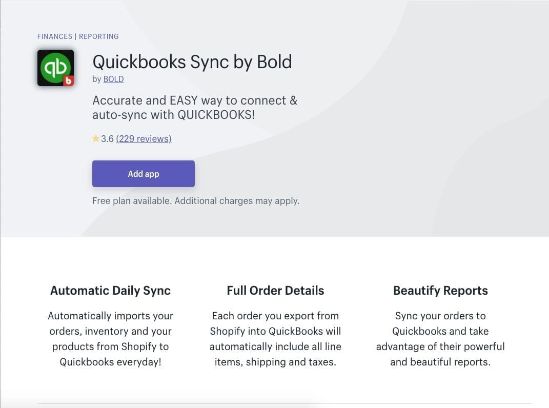 Quickbooks Sync por la aplicación Bold Shopify