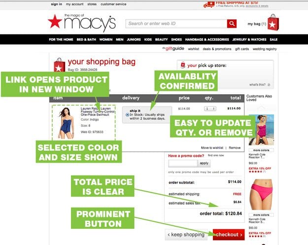 La página del carrito de Macy's incluye muchas prácticas recomendadas.