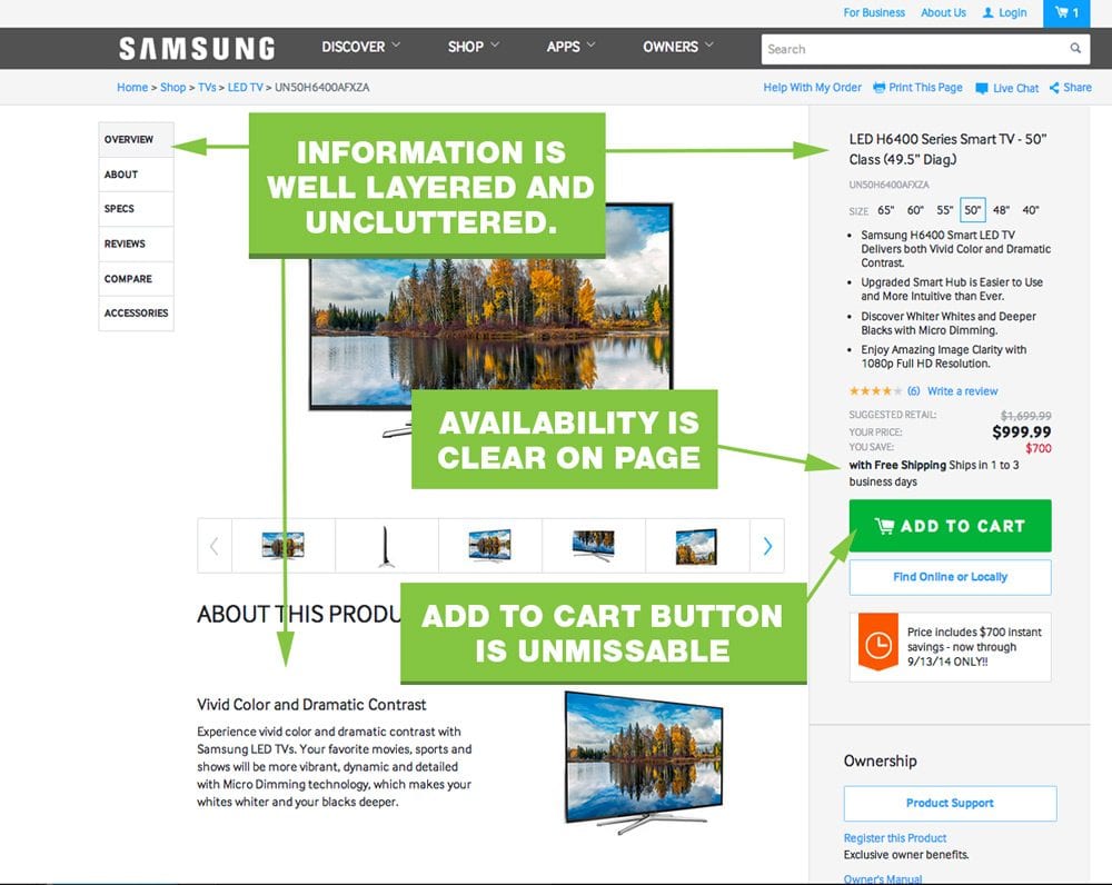 La page produit de Samsung illustre de nombreuses bonnes pratiques