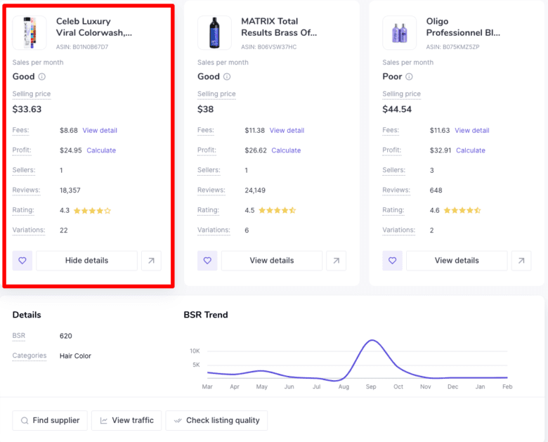 Resultados de la investigación de productos de Sellzone