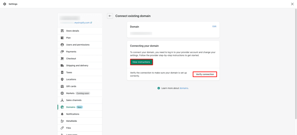 Verify Domain Connection to Shopify