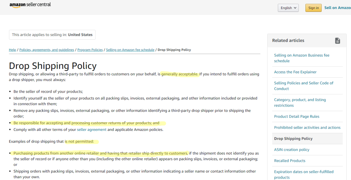 Amazon Dropshipping Policy