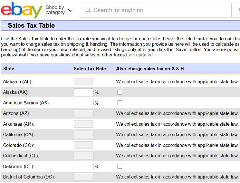 Tabla de impuestos sobre las ventas de Ebay