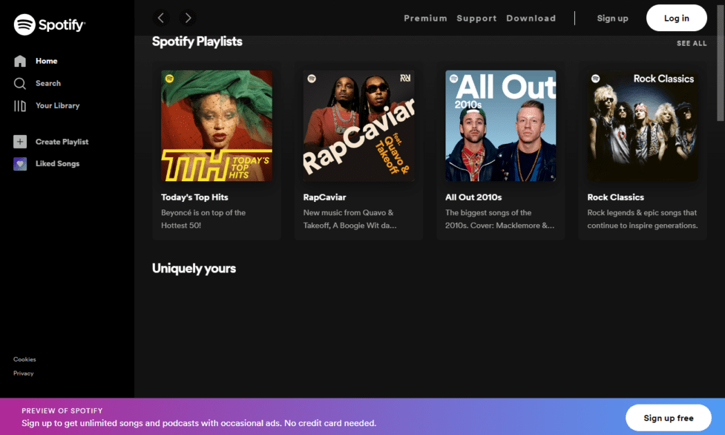 Página de inicio de Spotify