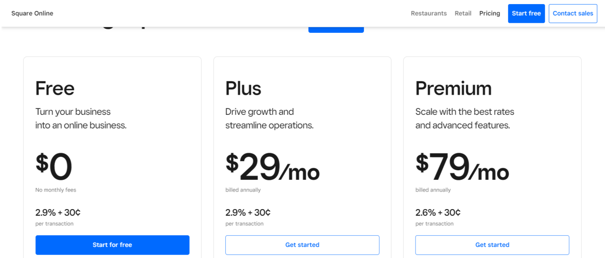 Plans tarifaires de la boutique en ligne Square
