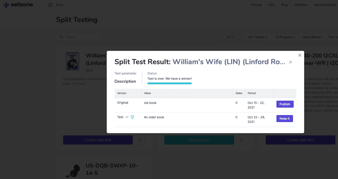 Résultat du test fractionné Sellzone