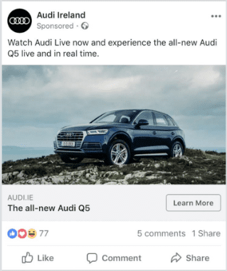 Anuncio de Facebook Audi Irlanda