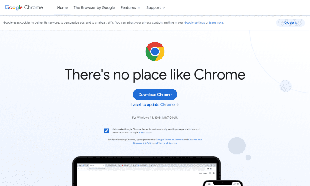 Página de descarga del navegador Chrome