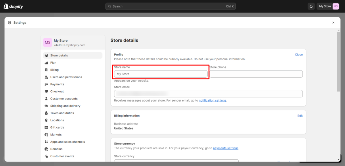 Shopify Dashboard Modifier le nom du magasin