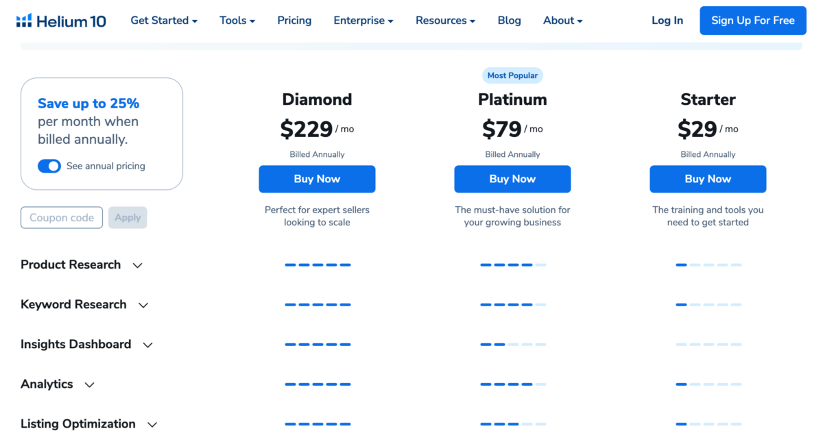 Helium 10 Pricing