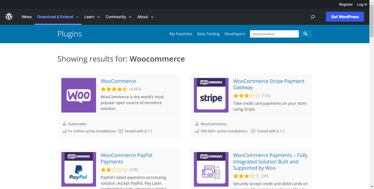 plugins wordpress.org recherche Woocommerce Capture d'écran