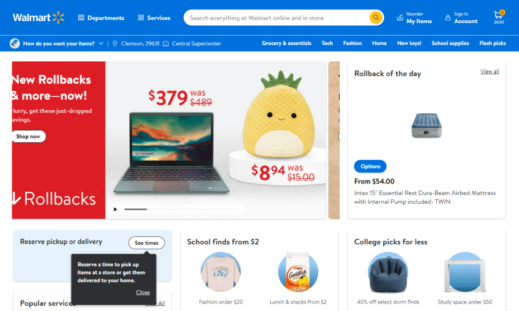 Instantané de la page d'accueil de Walmart