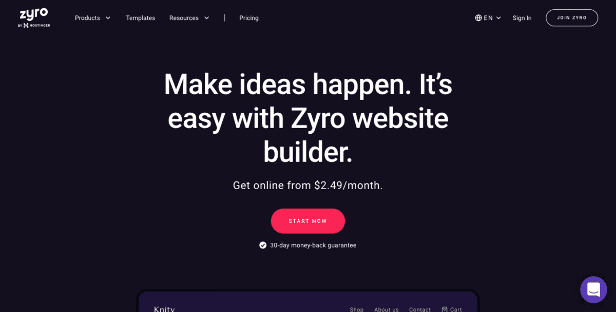 Página de inicio del creador de sitios web Zyro